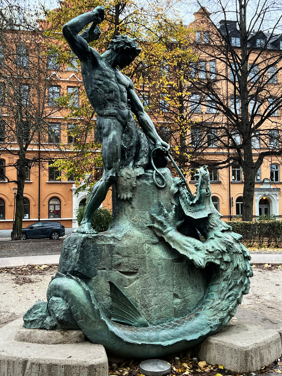 Tors fiske aka Thor's Fish sculpture and fountain at Mariatorget in Stockholm by Anders Henrik Wissler